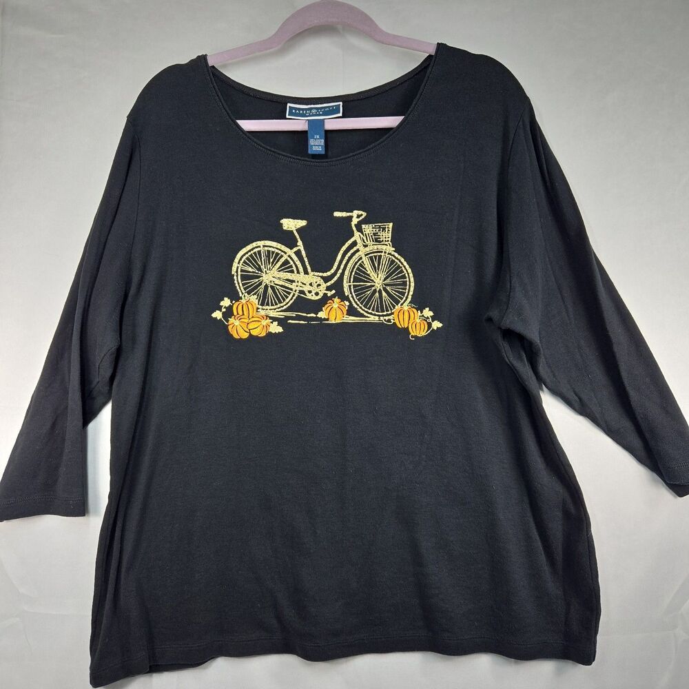 Karen Scott Plus 2X Shirt Autumn Harvest Bicycle Pumpkins Top Gold Bling Sparkle